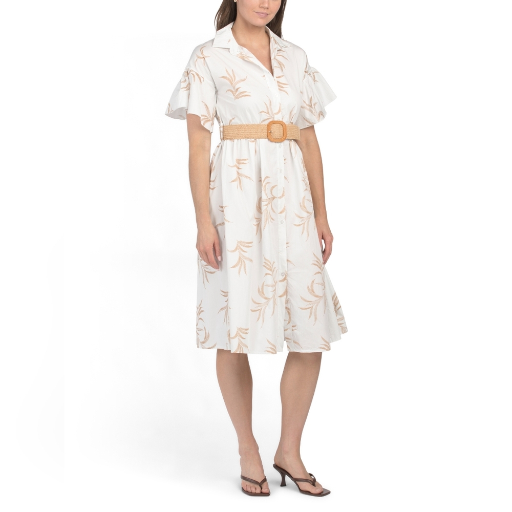 NWT - Cotton Italy Civico 51 Classic Collar Button Front Belted Midi Dress - L